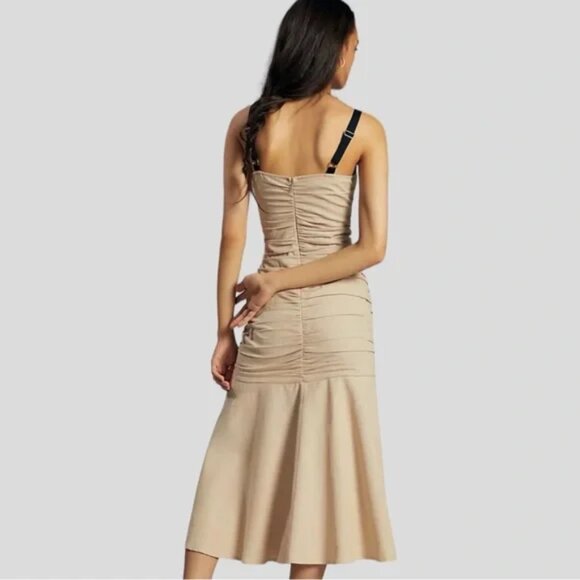 Anthropologie ATSU Ruched Drop Waist Beige Midi Linen Blend Strap Dress 2 - Picture 2 of 11